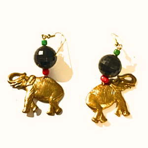 Handcrafted Gold Elephant Earrings with Bold Red, Black, and Green Accents